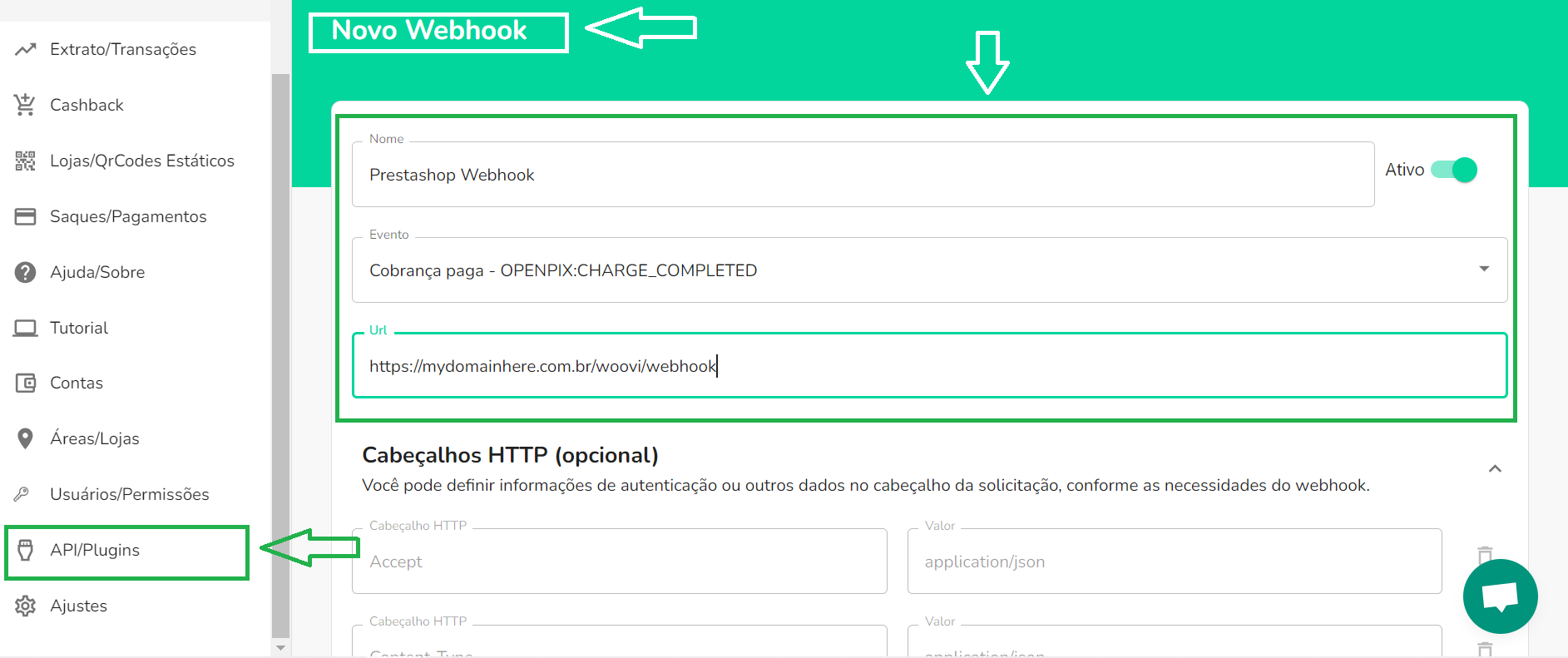 Registering webhook endpoint in woovi